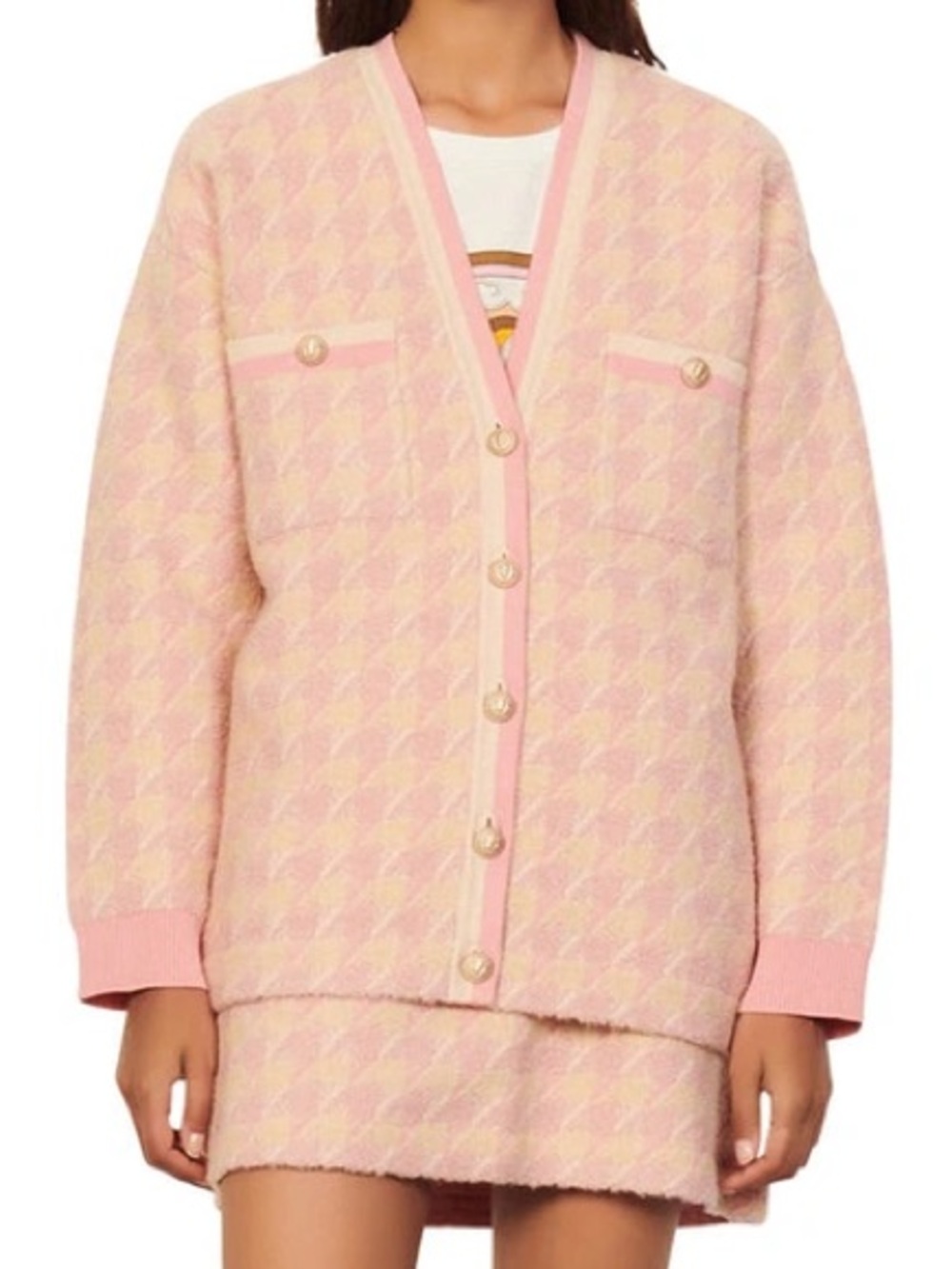 Sandro Pink & Cream Houndstooth Knit Cardigan with Gold Buttons